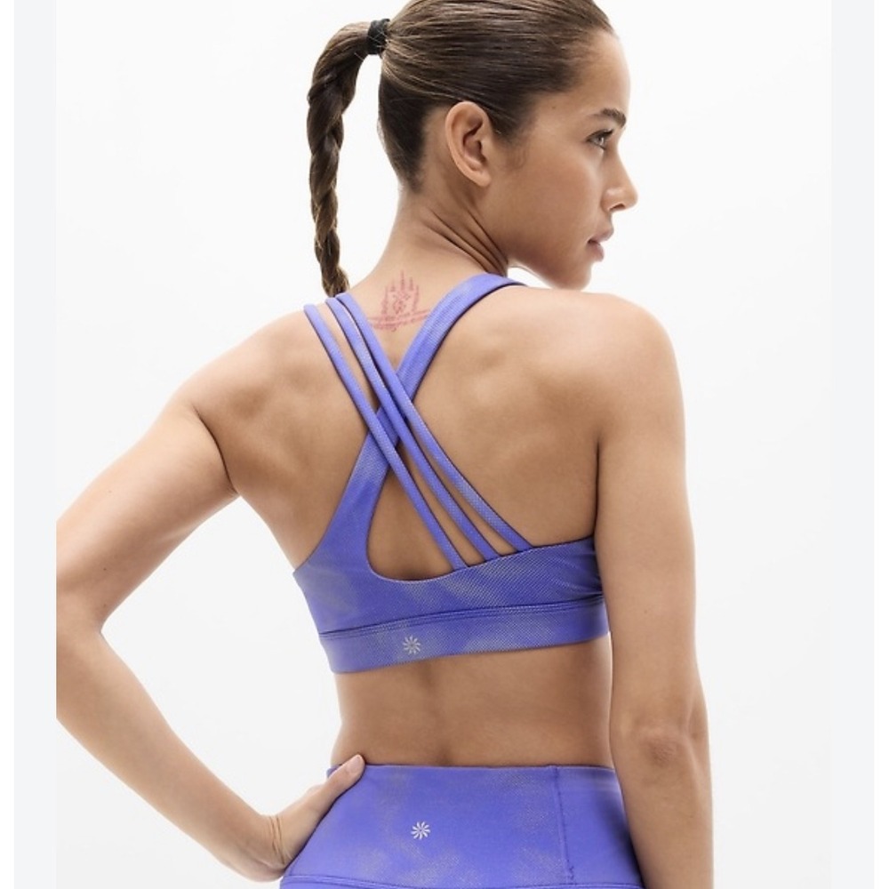 Athleta Rainier Reflective Print Tight & Train Free Bra Set Blue Silver Medium
